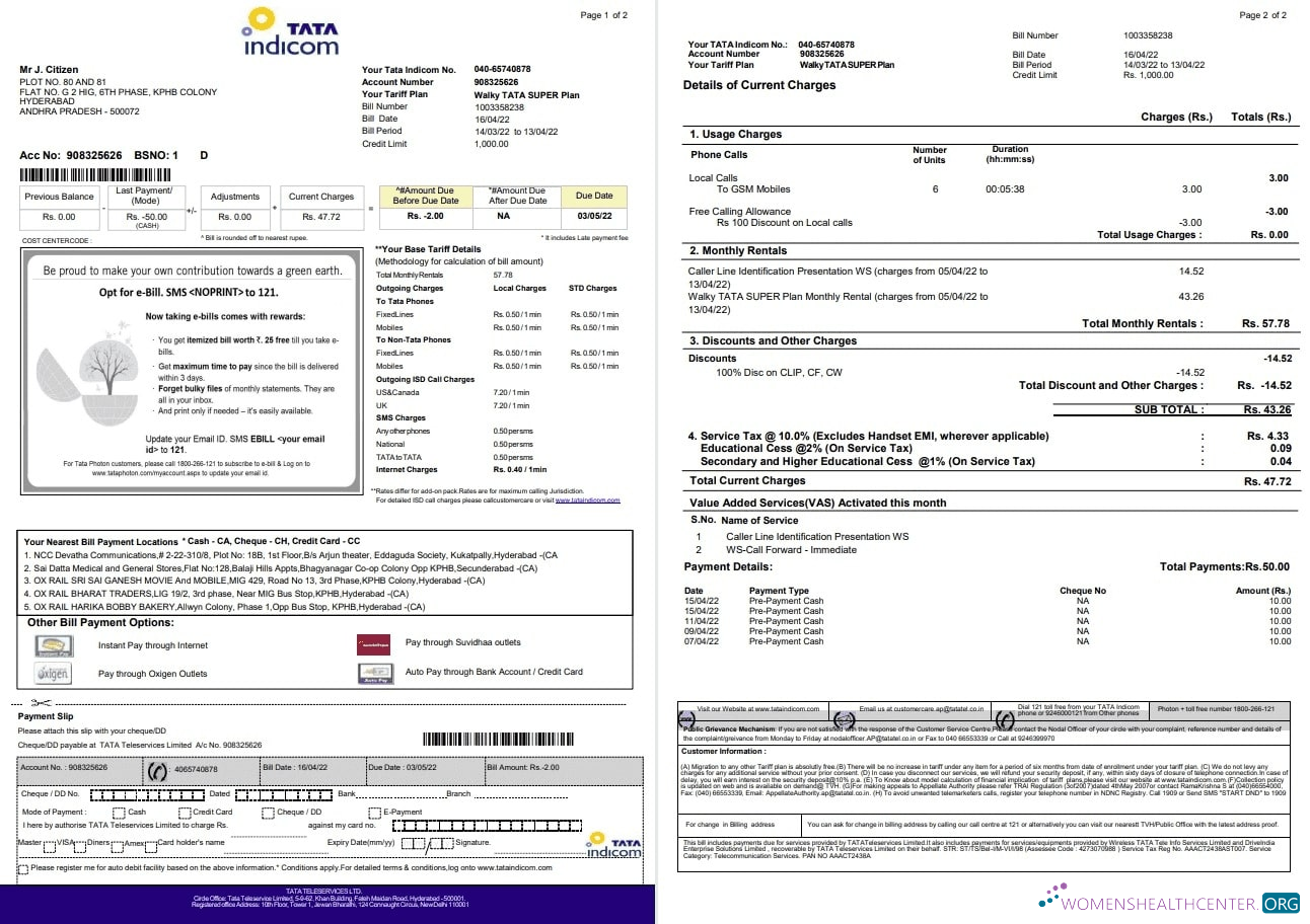 download India Tata Indicom mobile utility bill template in Word and PDF format, 2 pages PDF template